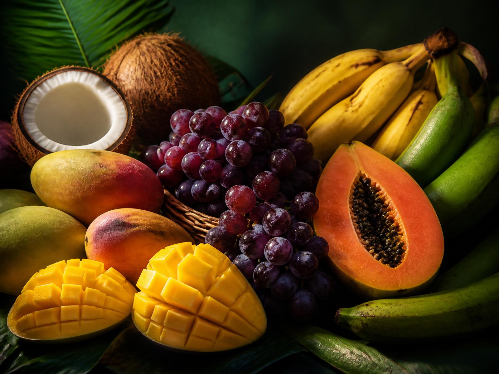 Mangoes, grapes, papaya, coconut, bananas and plantains from Orchard Springs