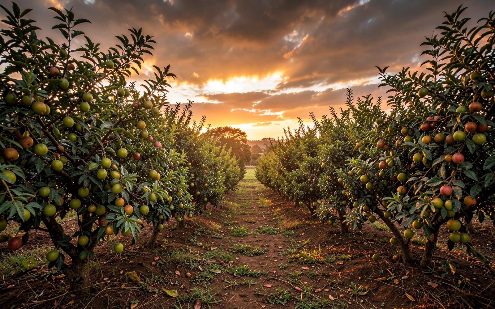 Orchard rows at golden hour in Bauchi State, Nigeria